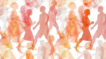Abstract people walking in vibrant colors with soft edges in motion creating a dynamic movement pattern on a white background