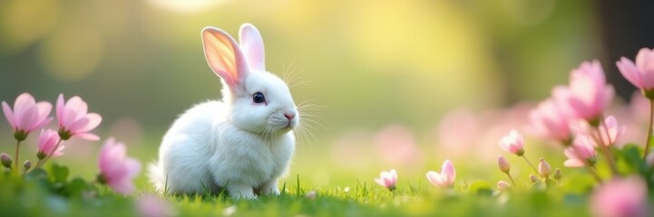 Obraz premium Fluffy white bunny, pastel spring flowers, soft focus, poster, bright, vibrant