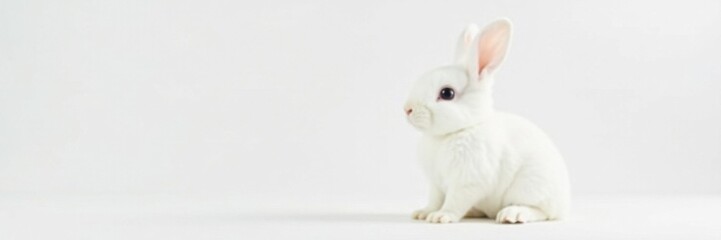 Obraz premium Fluffy white bunny sits alone against pure white backdrop, sweet, wildlife, mascot