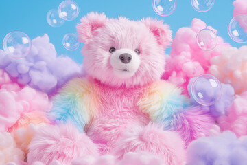 Fototapeta premium Modern teddy bear with rainbow-colored fur patches, blowing bubbles, detailed plush texture, whimsical pose, isolated on gradient sky blue background