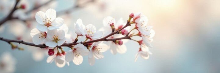Fototapeta premium Fragile white cherry branches, soft light illuminates pristine white setting , botanical, soft