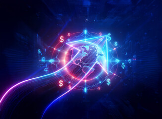 Futuristic digital globe with glowing lines and dollar signs symbolizing global finance and network connections in a vibrant, neon-lit space.