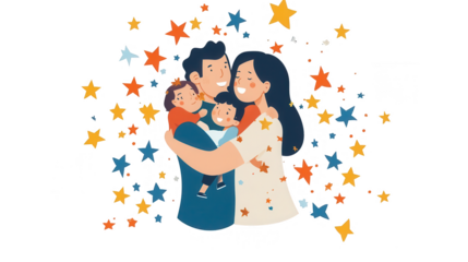 Parents Day PNG file of a hugging family surrounded by starry elements, isolated on white background