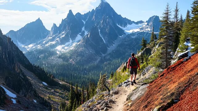 A solo hiker with a backpack and trekking poles explores a rugged mountain trail, surrounded by towering peaks and patches of snow. The breathtaking alpine scenery, lush green forests, and crisp blue 
