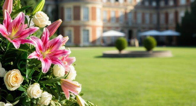 Beautiful pink lilies and white roses in a garden setting near a mansion - Powered by Adobe