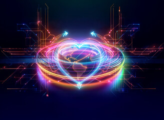 Vibrant lines form a heart encircling a world map, illuminated with glowing arrows and circuit patterns against a dark backdrop, suggesting global digital connection.
