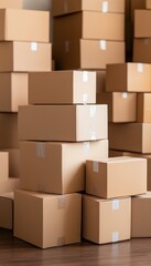 Obraz premium Stacked Brown Boxes in a Warehouse Environment for Shipping and Storage
