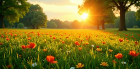 Obraz premium Golden hour blooms, lush green grass, vast empty area, image, vibrant