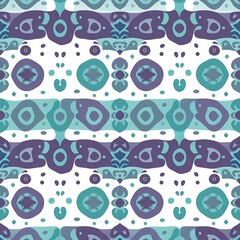 Fototapeta premium Seamless Teal and Purple Tribal Pattern: A vibrant and captivating seamless pattern featuring a bold geometric design in shades of teal and purple. The intricate details create a rich visual texture.