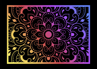 Color decorative panel with circular pattern in form of mandala with flower for decoration or print. Decorative ornament in ethnic oriental style. Rainbow design on black background.