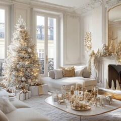 Elegant christmas tree and decorations adorn a bright white living room