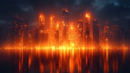 Fototapeta premium Fiery city skyline reflecting in water