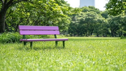 Fototapeta premium Purple park bench, tranquil grass, city backdrop, relaxation