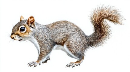 Fototapeta premium Alert grey squirrel, profile view, white background, wildlife illustration
