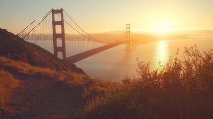 Fototapeta premium Sunrise over the Golden Gate Bridge, San Francisco, glowing fog surrounding the bridge, panoramic view