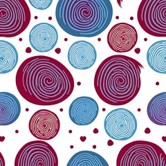 Swirling Circles Pattern: A seamless pattern featuring swirling circles in shades of burgundy and blue, interspersed with small dots and hearts, creating a playful and vibrant design. 