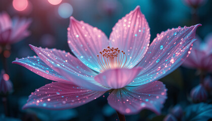 Fototapeta premium Dewy Pink and Blue Flower with Soft Bokeh Background
