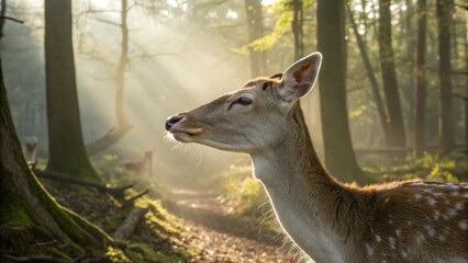 Obraz premium a doe stands gracefully in a sun-drenched forest, bathed in the warm light of the morning sun. Its spotted coat shimmers with a gentle luminescence. 