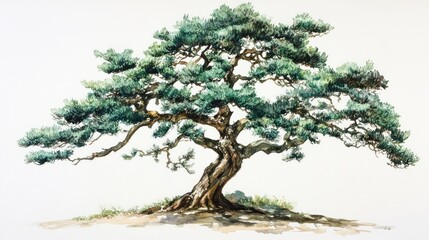 Ancient pine tree watercolor painting, isolated, nature, background white, for design