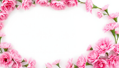 Fototapeta premium Frame made of carnation flowers. Pink floral banner with place for text. with white shades