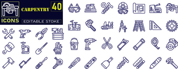 Set of outline icons related to carpentry. Painting, photography, calligraphy, origami, jewelry making, woodworking, knitting, scrapbooking and so on.