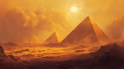 Sunrise over the Pyramids of Giza, Egypt, golden desert landscape, historic view