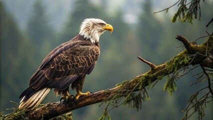 Obraz premium a majestic bald eagle perches on a branch, its sharp gaze fixed on the horizon. The eagle's powerful wings are spread wide.