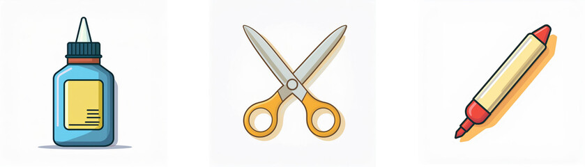 Obraz premium Three stationery items: a glue bottle, a pair of scissors with golden handles, and a marker with a red cap and tip, all on a white background.