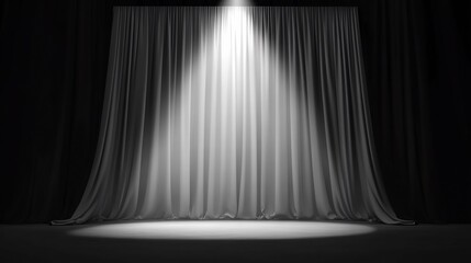 Bright spotlight illuminates elegant stage curtains dramatic monochrome scene. AI Generated