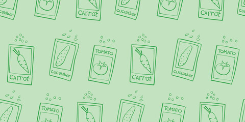 Seamless pattern of outline paper bags with seeds vegetables. Vector background and texture. Theme of gardening, farming, agriculture