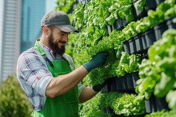 Smiling Gardener Picking Greens From Vertical Garden