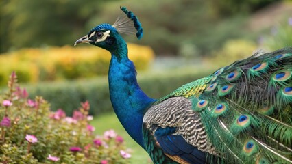 Fototapeta premium Majestic peacock displaying its vibrant plumage in a garden setting. Its iridescent feathers shimmer, creating a spectacle of color and beauty.