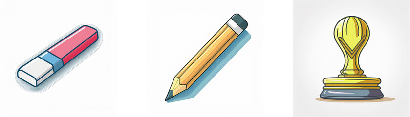 Simple stationery tools are shown: a pink and blue eraser, a yellow pencil with black tip, and a shiny golden stamp on white.