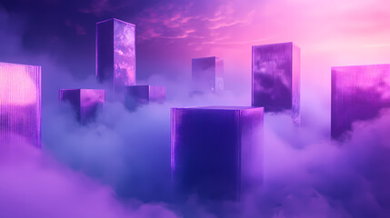 Purple Scene with Cubic Buildings Amid Clouds and Gradient Sky