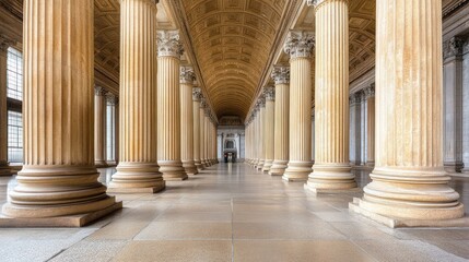 Ancient Columns, Majestic Hallway, Sunlight Through Windows, Empty Interior