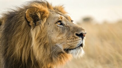 Fototapeta premium a majestic lion with a flowing mane stands proudly against a backdrop of golden grassland. The lion's gaze is fixed on the horizon, exuding strength and regal presence. 