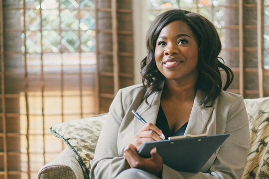 Engaging therapy session with a female african american psychologist in a cozy office setting inspiring personal growth and mental wellness