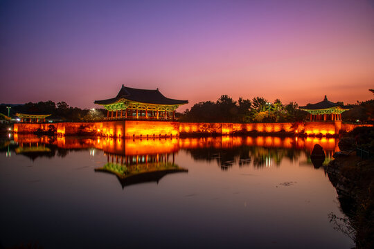 The dusk hour at Donggung Palace & Wolji Pond in Gyeongju was a Silla Dynasty royal retreat. Built-in 674 AD