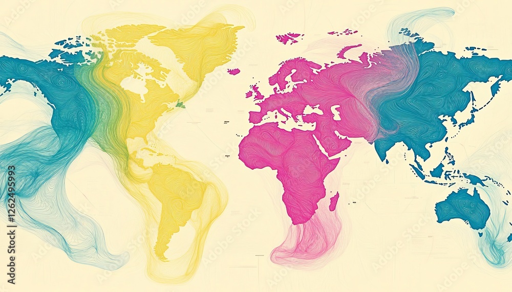 Poster Global Connection Abstract World Map with Vibrant Color Visualization of Data Flow and Networks.