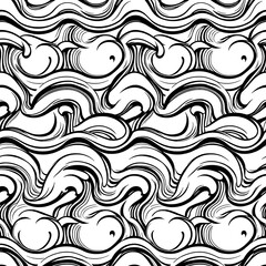 Obraz premium Ocean Wave Pattern: Abstract black and white illustration of stylized ocean waves, creating a seamless pattern ideal for textile design, wallpaper, or web backgrounds.