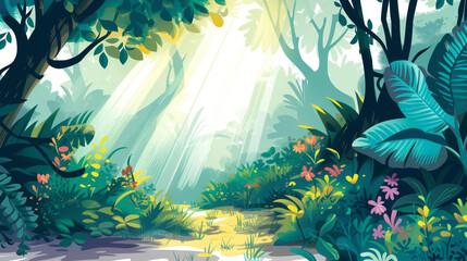 rainforest lush green foliage exotic flowers sunlight adventure nature vibrant illustration