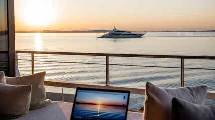 Fototapeta premium Serene Yacht and Laptop Scene: A tranquil scene from a luxurious balcony featuring a yacht cruising on calm waters with laptop, pillows, and a captivating sunset.