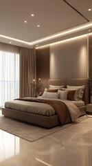 Fototapeta premium A stylish bedroom showcases a minimalist design with soft textures and neutral colors. Natural light streams through large windows, illuminating the cozy atmosphere and elegant furnishings.