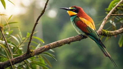 Obraz premium a vibrant bee-eater perched on a branch with its wings outstretched. The bee-eater's colorful plumage shines in the sunlight as it sits on a branch in a lush green forest