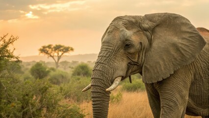 Fototapeta premium African elephant standing in the African savanna at sunset. The elephant is majestic and serene, bathed in the golden light of the setting sun. 