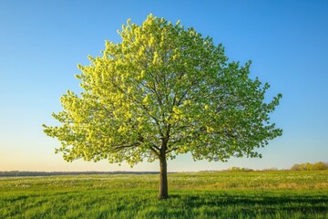 Green tree in a field with green grass and white flowers under a clear blue sky.