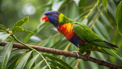 a vibrant rainbow lorikeet perched on a branch, its colorful plumage and bright eyes captivating the viewer