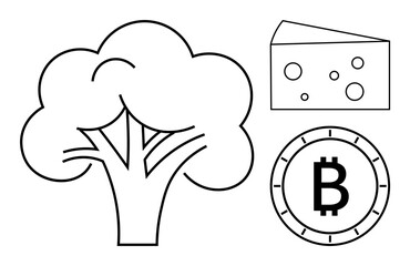 Broccoli sketch, cheese with holes, and Bitcoin symbol coin in minimalist black and white style. Ideal for health, food, diet, finance, cryptocurrency, digital art, and education themes. Line