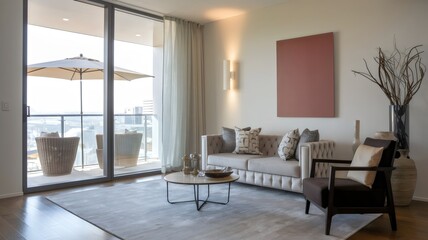 Helles und freundliches Wohnzimmer mit Blick auf den Balkon