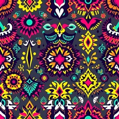 Fototapeta premium Vibrant Ethnic Textile Pattern: A captivating seamless pattern bursts with vibrant colors and intricate ethnic designs, featuring bold geometric shapes, floral motifs, and symbolic elements.